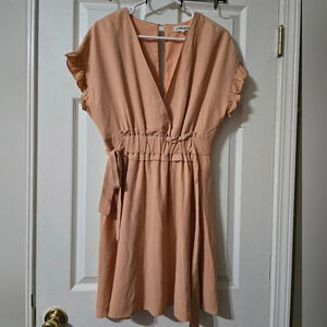 Macaron Peach Surplice Stretchy Ruched Waist Dress, Capped Ruffle Sleeves, EUC!